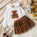 2 piece Toddler Girl Bear Sweatshirt and Plaid Skirt Set