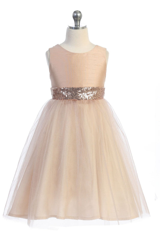 Style No. 498 Blush Rose Gold Sequin V Back Dress