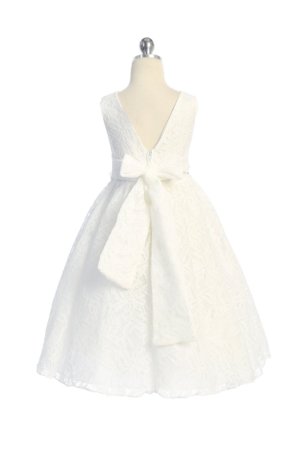 Style No. 526-D Lace V Back Bow Dress w/ Diamond Shape Rhinestone Trim