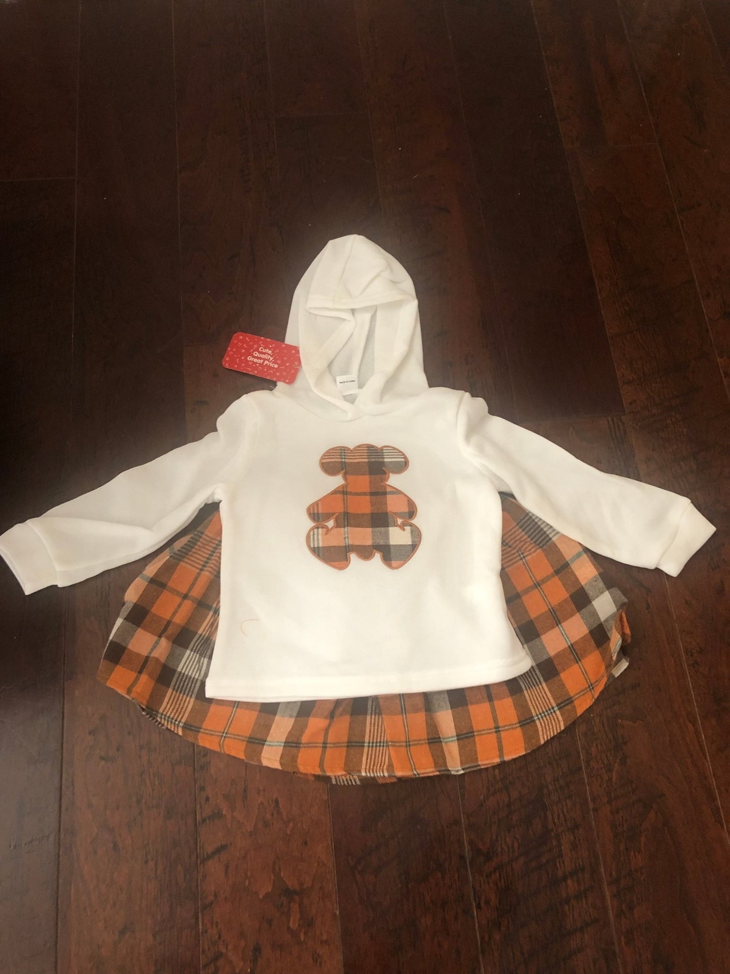2 piece Toddler Girl Bear Sweatshirt and Plaid Skirt Set