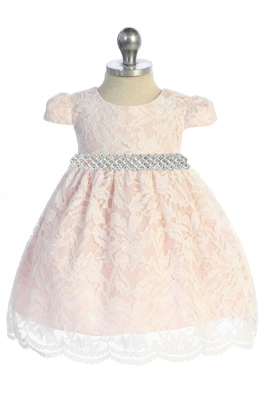 532-E- Lace V Back Bow Baby Dress w/ Thick Rhinestone Trim