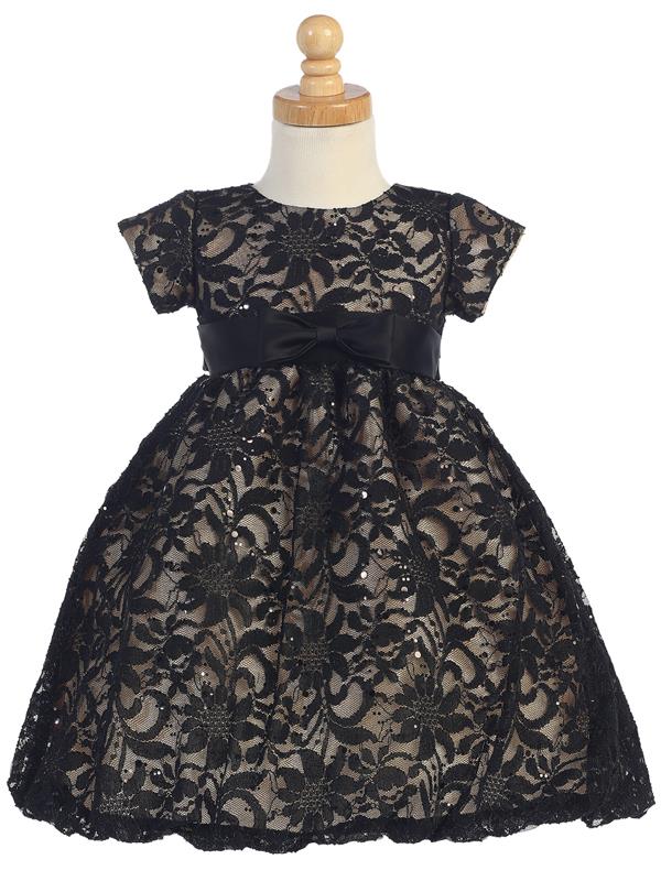 Tan Girls Dress with Black Lace Overlay for Special Occasions