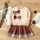 2 piece Toddler Girl Bowknot Sweatshirt and Plaid Skirt Set